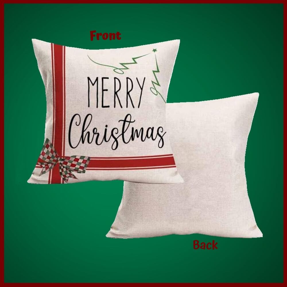 Set of 4 Merry Christmas Bows & Plaid Zippered Throw Pillow Covers 22x22 Inch - Picture 4 of 6